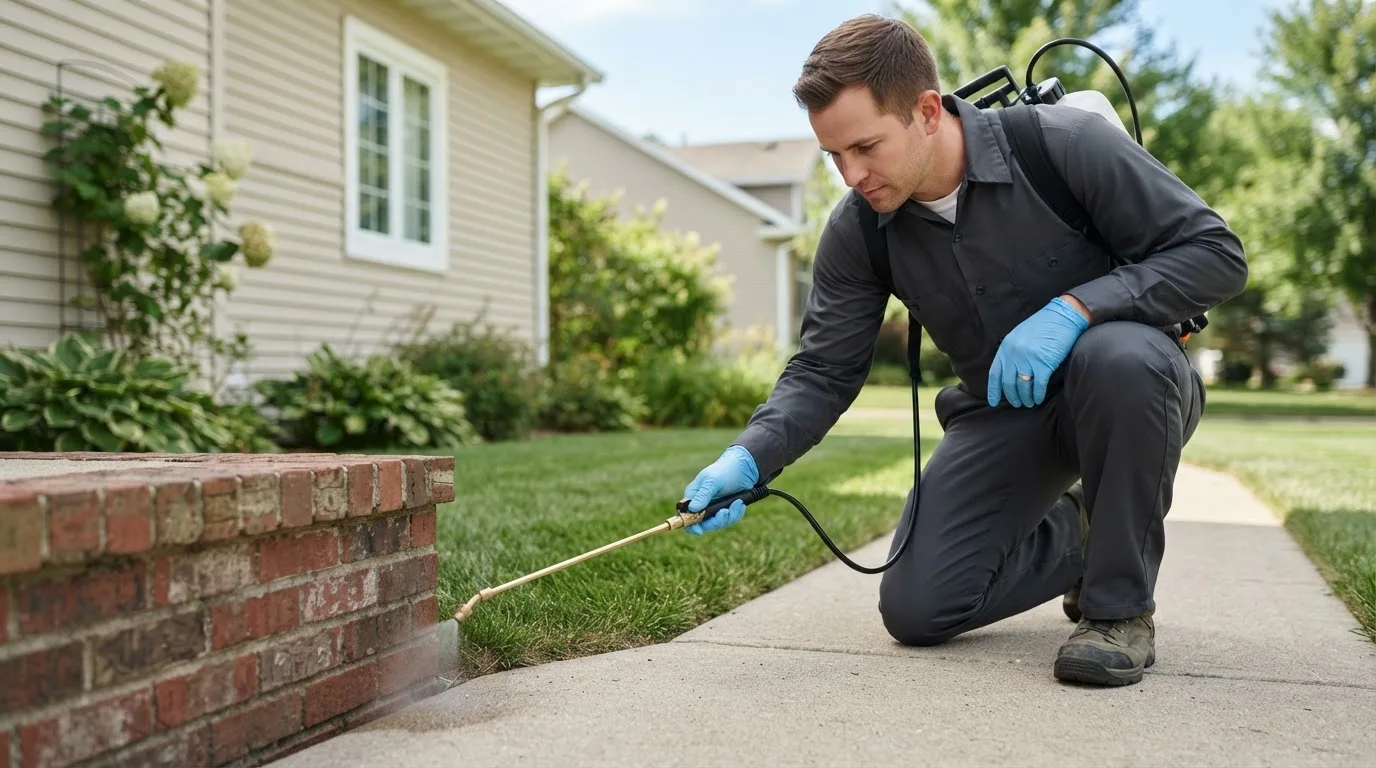 Pest control technician treating a home near Kenyon, RI